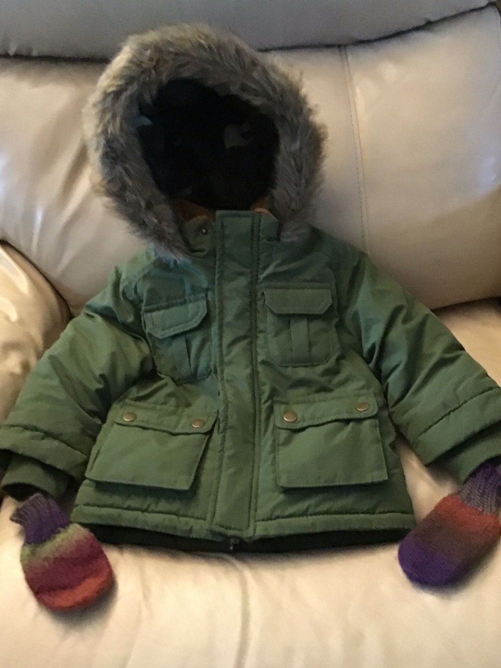 Children's Olive Green Hooded Winter Coat with Faux Fur Trim